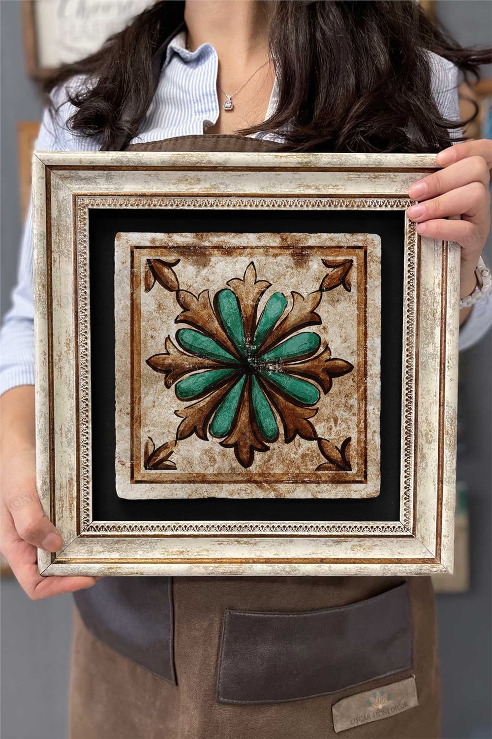 Oscar Stone Decor Çerçeveli Tablo Taş Duvar Dekoru 30 X 30 Cm Seramik Çini Tasarımlı Porselen Desen