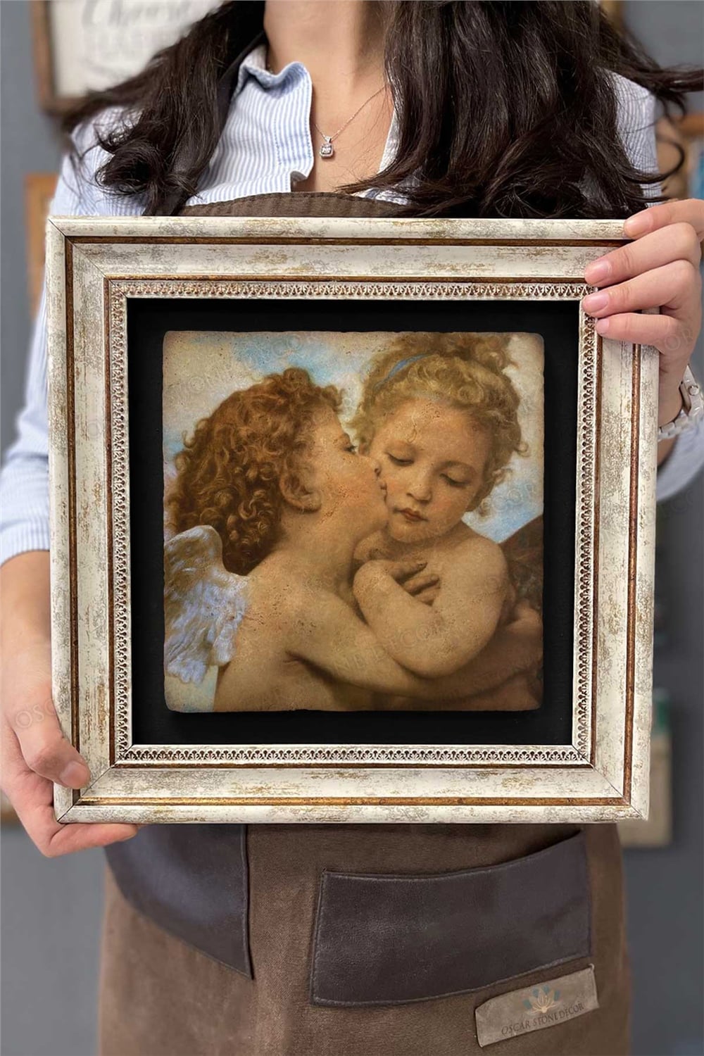Oscar Stone Decor Çerçeveli Tablo Taş Duvar Dekoru 30 X 30 Cm Bebek Melekler Tablosu