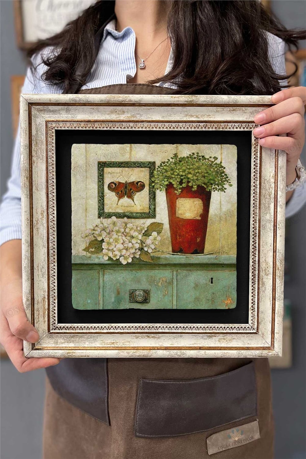 Oscar Stone Decor Çerçeveli Tablo Taş Duvar Dekoru 30 X 30 Cm Ortanca Çiçeği