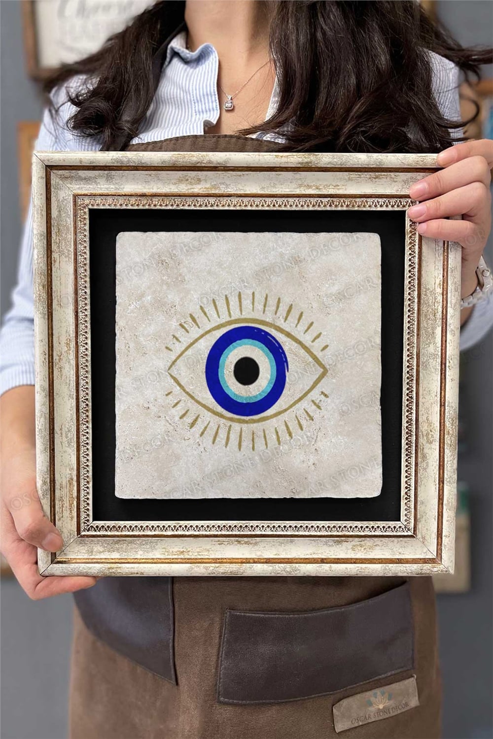 Oscar Stone Decor Çerçeveli Tablo Taş Duvar Dekoru 30 X 30 Cm Nazar Boncuğu Göz Tablosu
