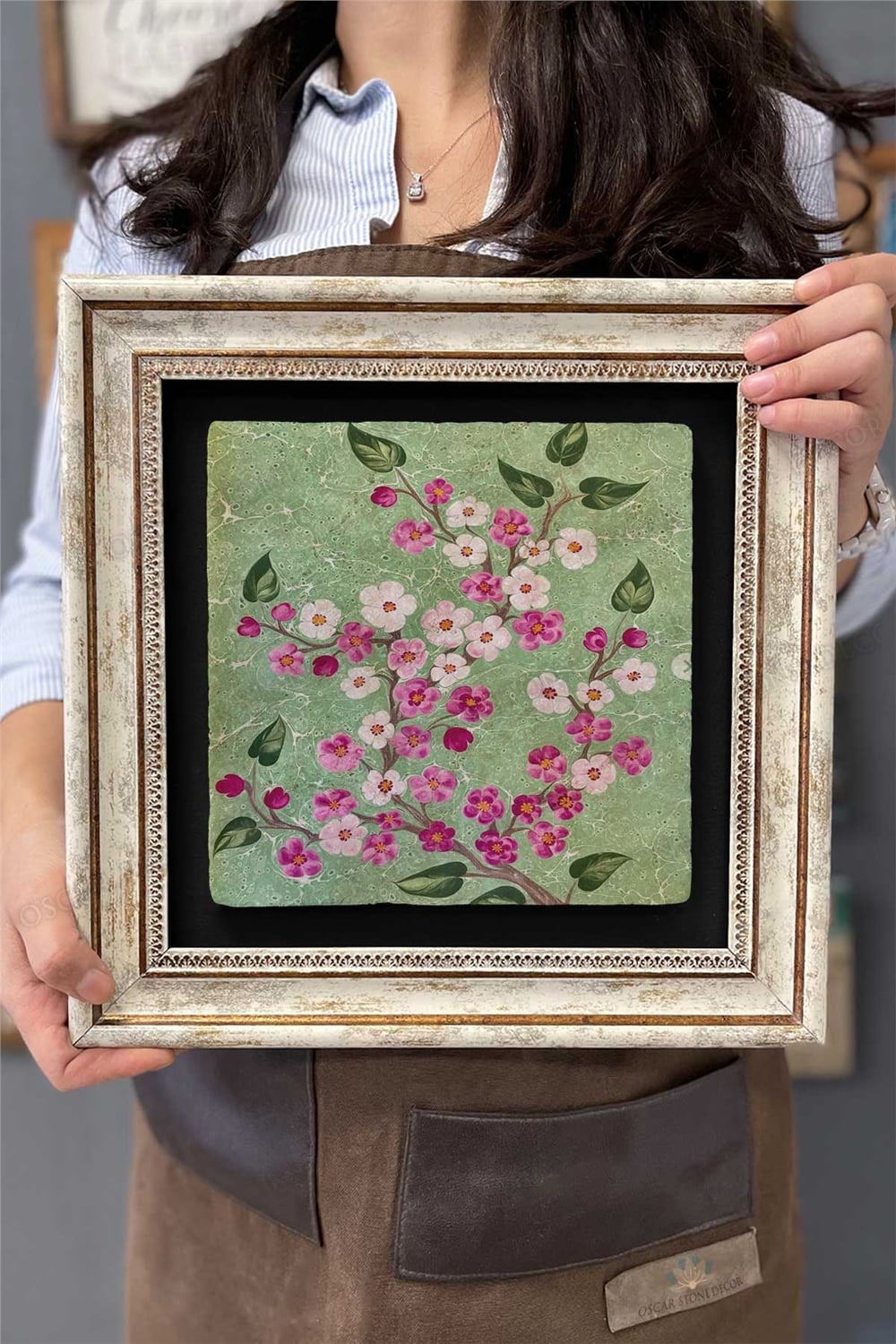Oscar Stone Decor Çerçeveli Tablo Taş Duvar Dekoru 30 X 30 Cm Ebruli Çiçekler Tablosu