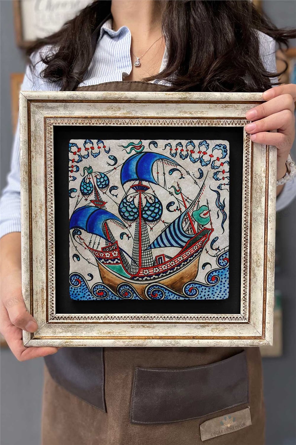 Oscar Stone Decor Çerçeveli Tablo Taş Duvar Dekoru 30 X 30 Cm Çini Seramik Gemi