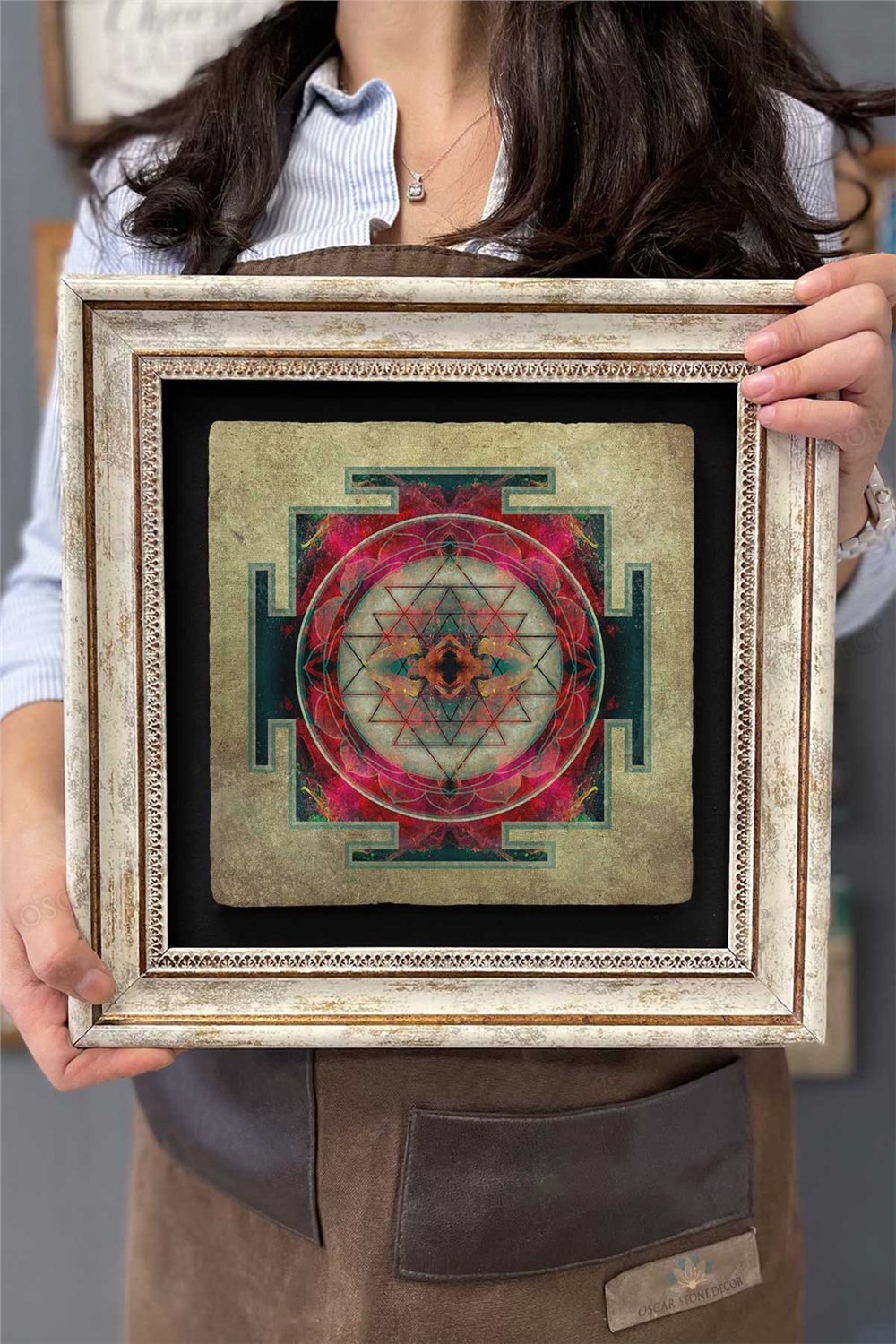 Oscar Stone Decor Çerçeveli Tablo Taş Duvar Dekoru 30 X 30 Cm Lotus Sri Yantra Yaşam Çiçeği