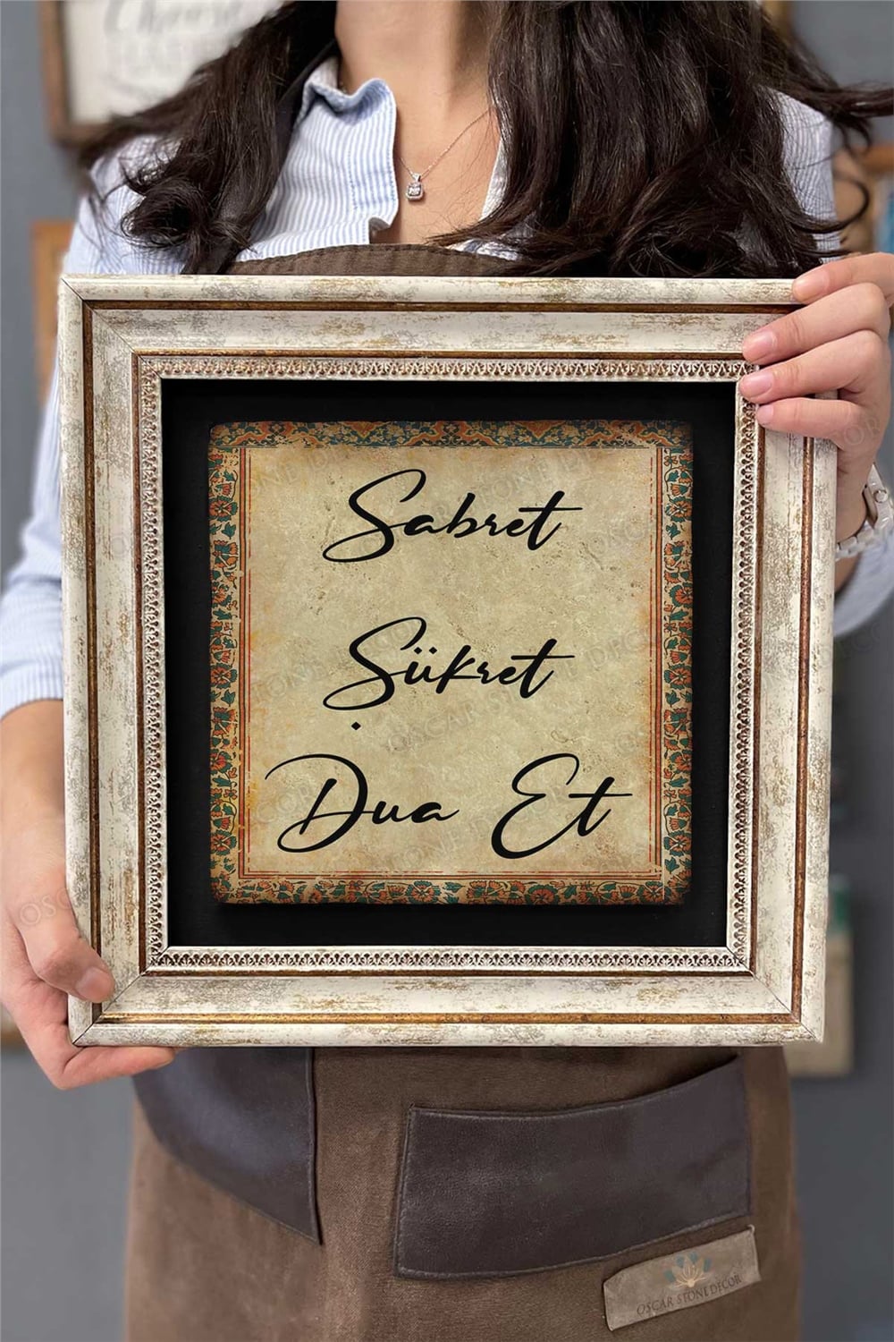 Oscar Stone Decor Çerçeveli Tablo Taş Duvar Dekoru 30 X 30 Cm Sabret Şükret Dua Et