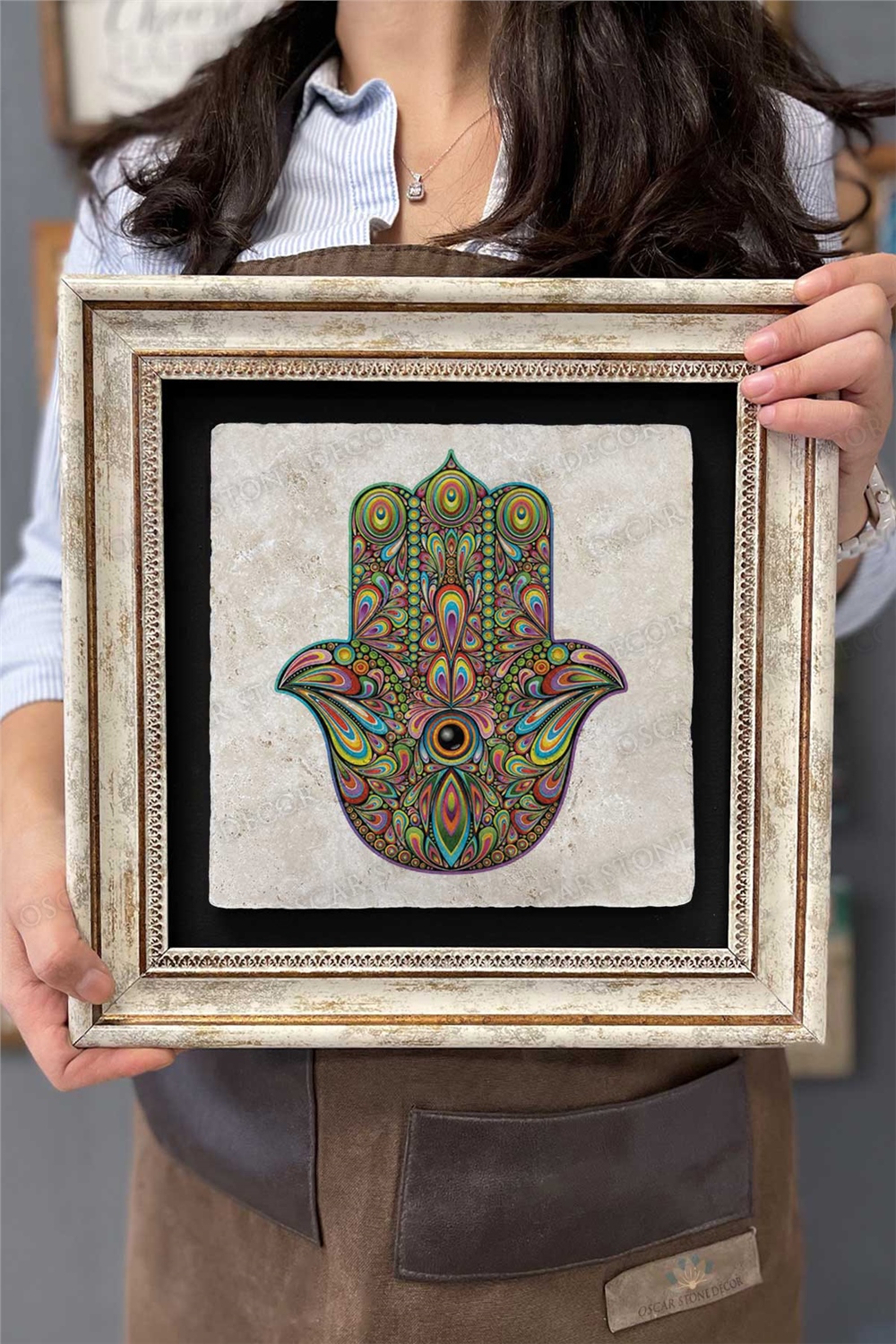 Oscar Stone Decor Çerçeveli Tablo Taş Duvar Dekoru 30 X 30 Cm Fatma Ana Eli Renkli Tasarım