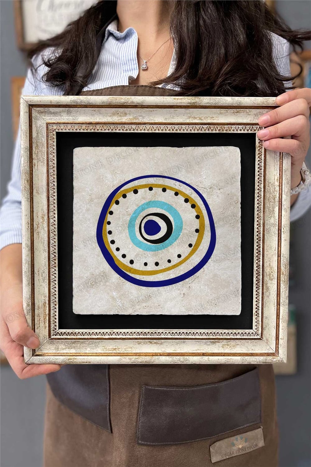 Oscar Stone Decor Çerçeveli Tablo Taş Duvar Dekoru 30 X 30 Cm Nazar Boncukları Tablosu