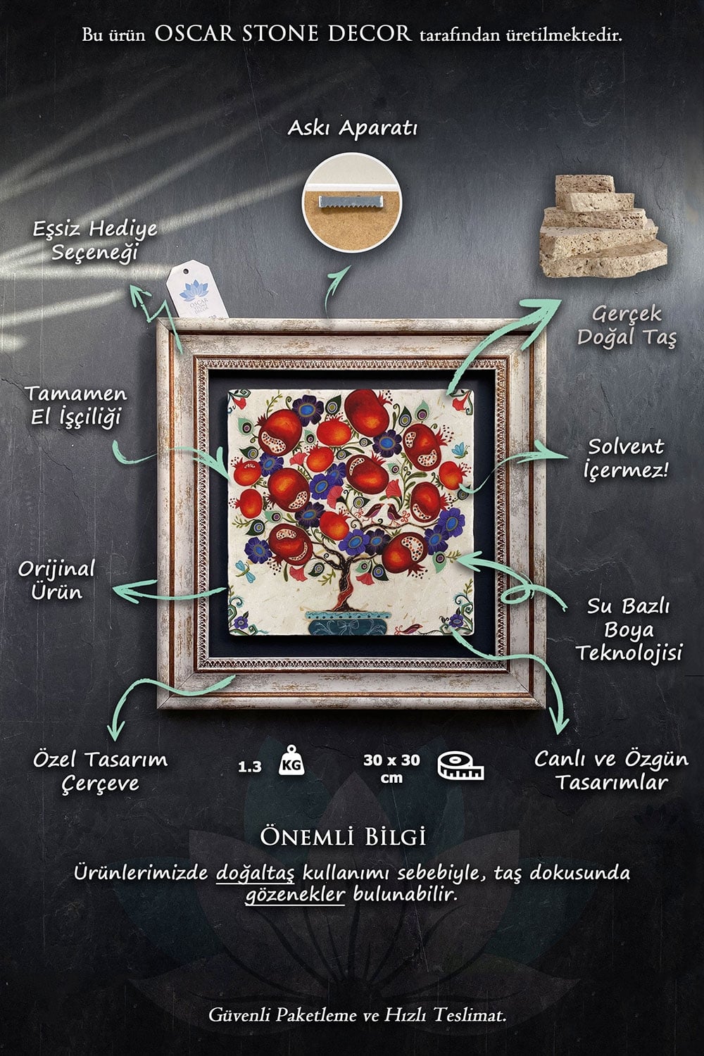 Oscar Stone Decor Çerçeveli Tablo Taş Duvar Dekoru 30 X 30 Cm Osman Hamdi Kaplumbağa Terbiyecisi