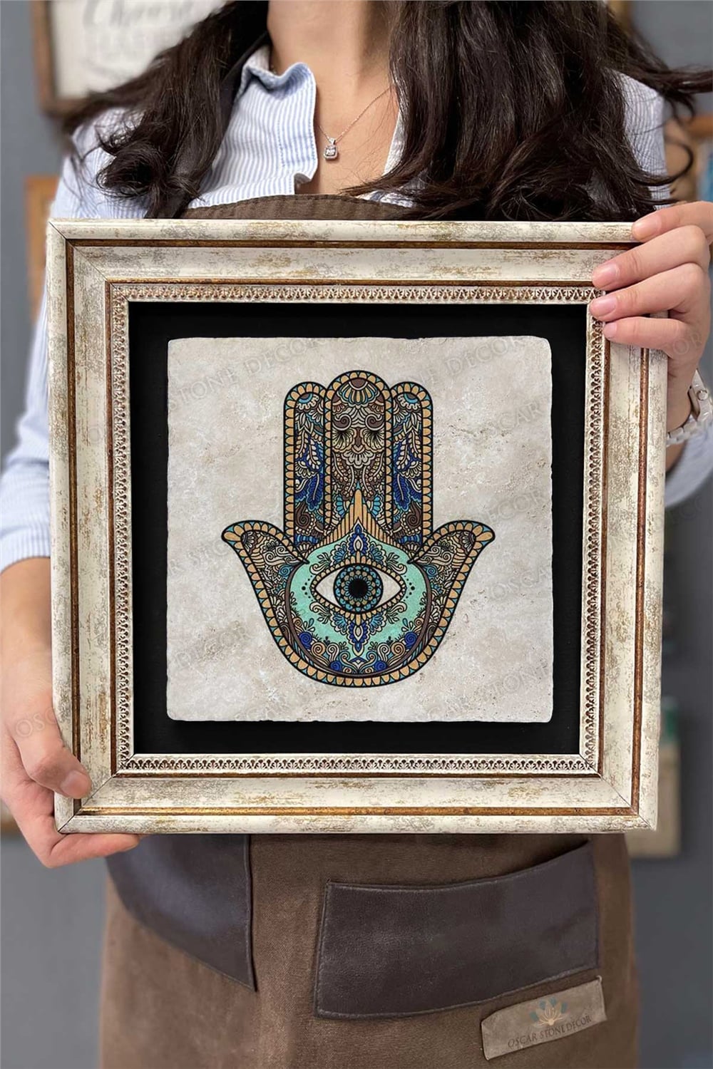 Oscar Stone Decor Çerçeveli Tablo Taş Duvar Dekoru 30 X 30 Cm Fatma Ana Eli Nazar Sadakat Çizimi