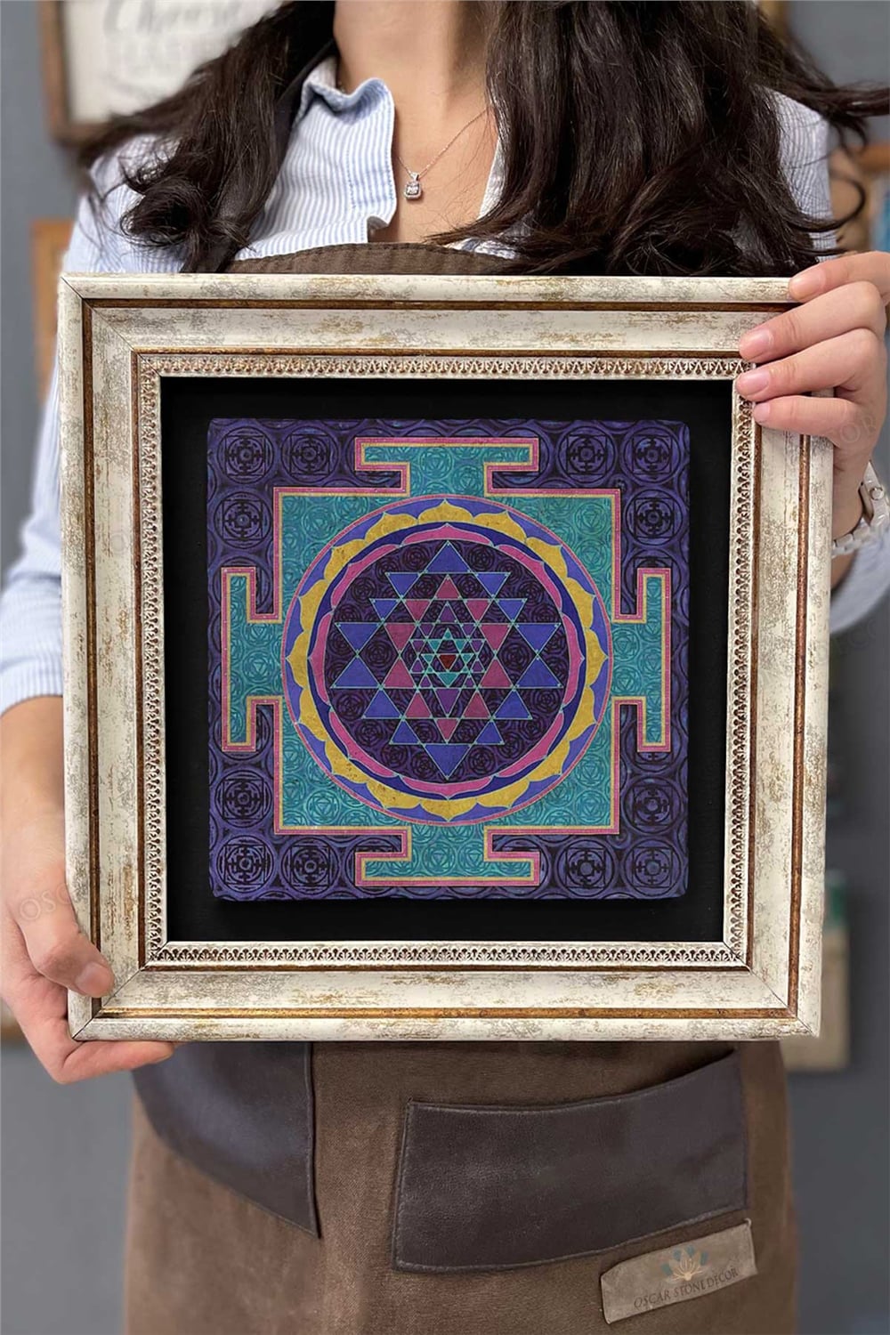 Oscar Stone Decor Çerçeveli Tablo Taş Duvar Dekoru 30 X 30 Cm Lotus Sri Yantra Yaşam Çiçeği