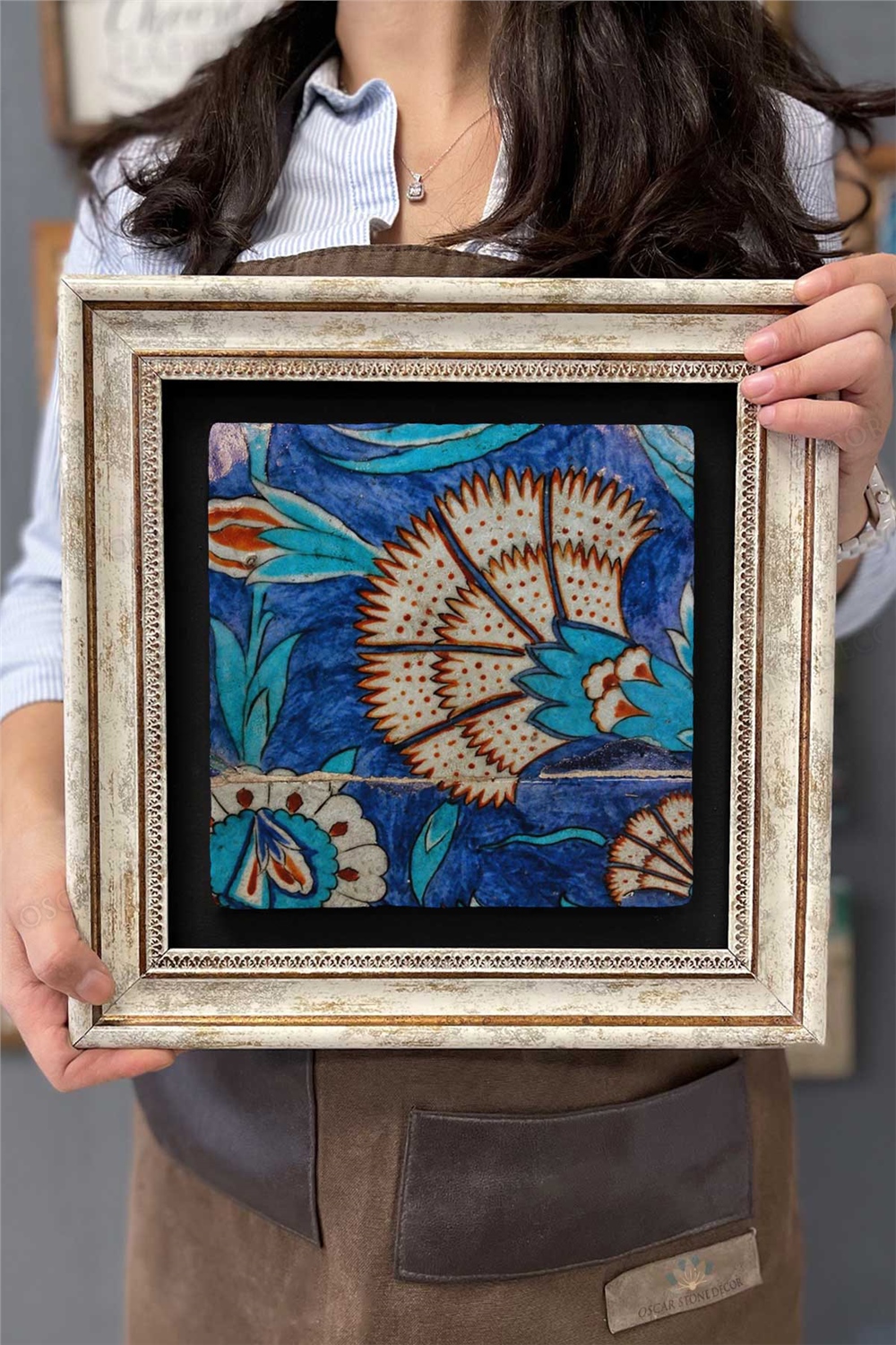Oscar Stone Decor Çerçeveli Tablo Taş Duvar Dekoru 30 X 30 Cm Seramik Çini Tasarımlı Porselen Desen