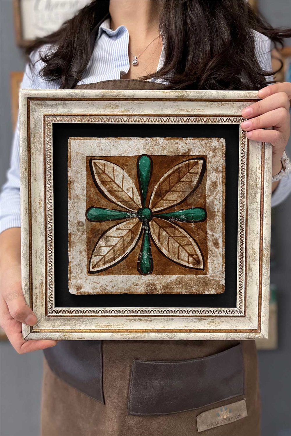 Oscar Stone Decor Çerçeveli Tablo Taş Duvar Dekoru 30 X 30 Cm Seramik Çini Tasarımlı Porselen Desen