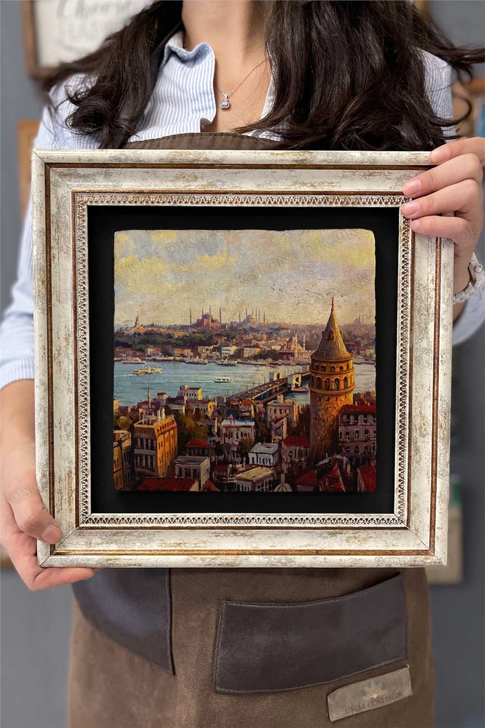 Oscar Stone Decor Çerçeveli Tablo Taş Duvar Dekoru 30 x 30 cm İstanbul Galata Manzarası