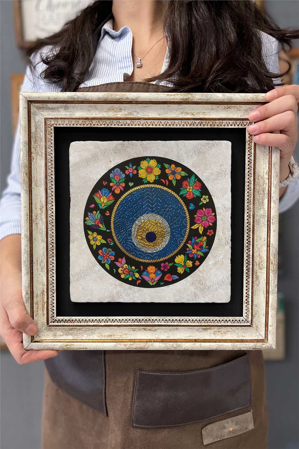 Oscar Stone Decor Çerçeveli Tablo Taş Duvar Dekoru 30 X 30 Cm Çiçekli Nazar Boncuğu