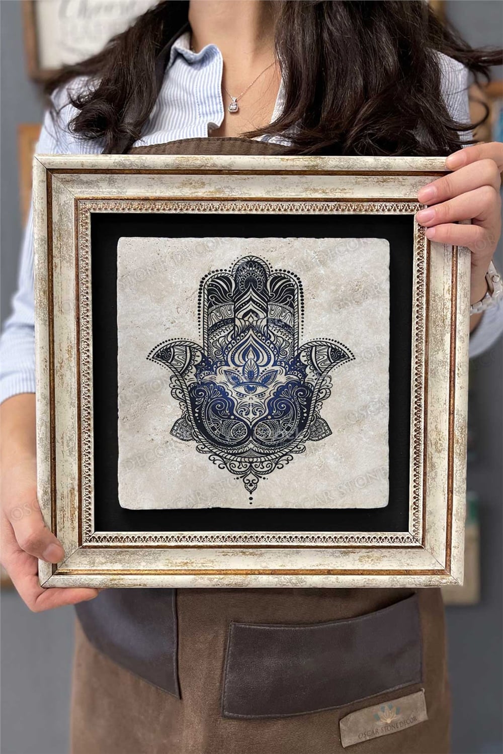Oscar Stone Decor Çerçeveli Tablo Taş Duvar Dekoru 30 X 30 Cm Fatma Ana Eli Ebru Çizimi