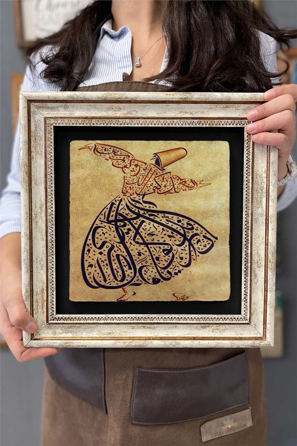 Oscar Stone Decor Çerçeveli Tablo Taş Duvar Dekoru 30 X 30 Cm Hat Sanatı Semazen Çizim