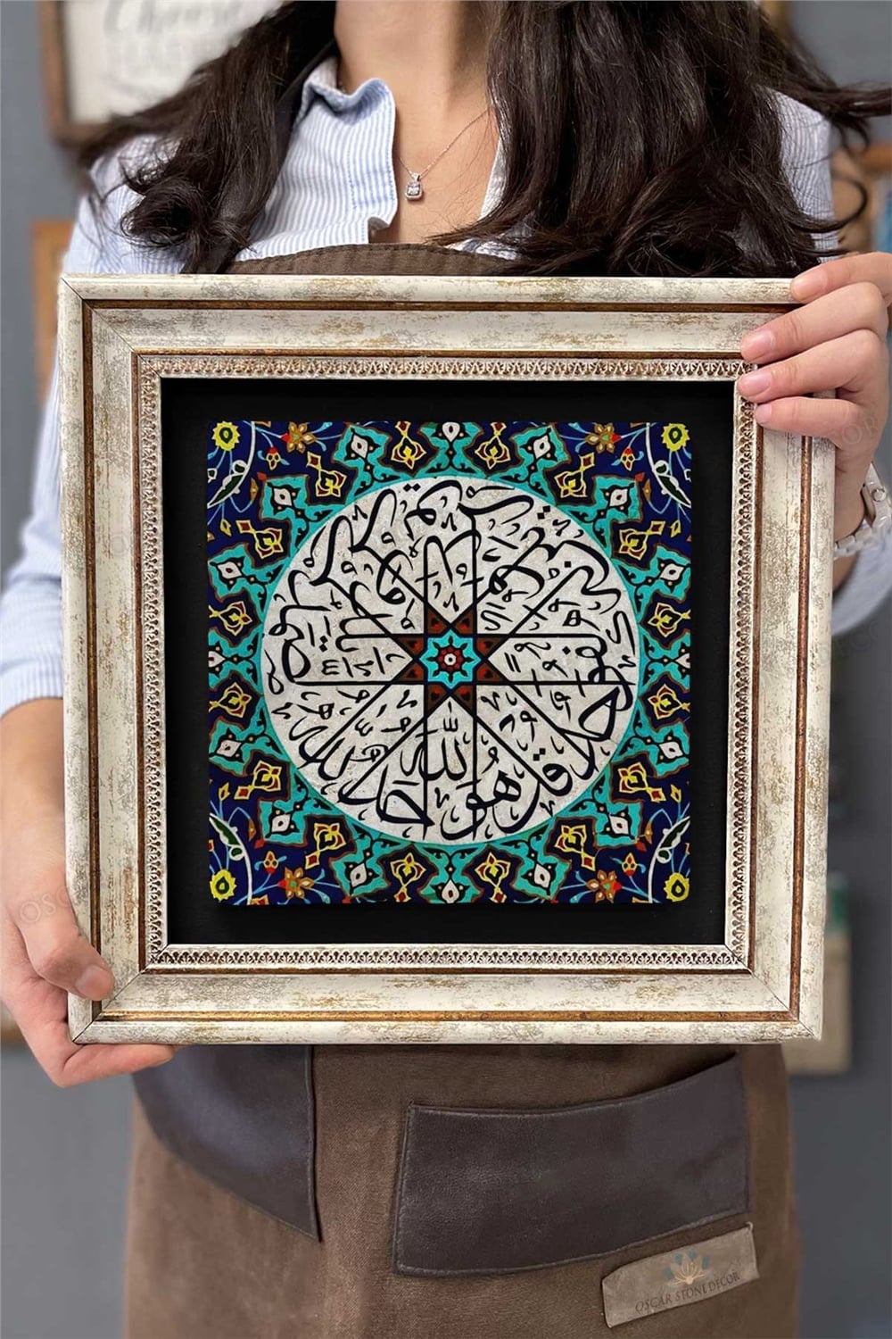 Oscar Stone Decor Çerçeveli Tablo Taş Duvar Dekoru 30 X 30 Cm Eskitme Çini Desenli Tablo