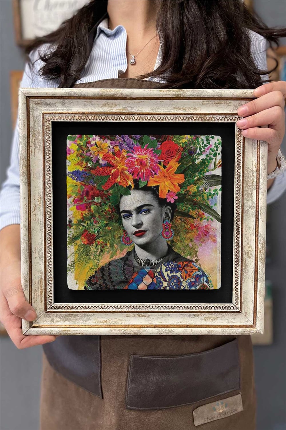Oscar Stone Decor Çerçeveli Tablo Taş Duvar Dekoru 30 X 30 Cm Frida Kahlo Kolaj Resim