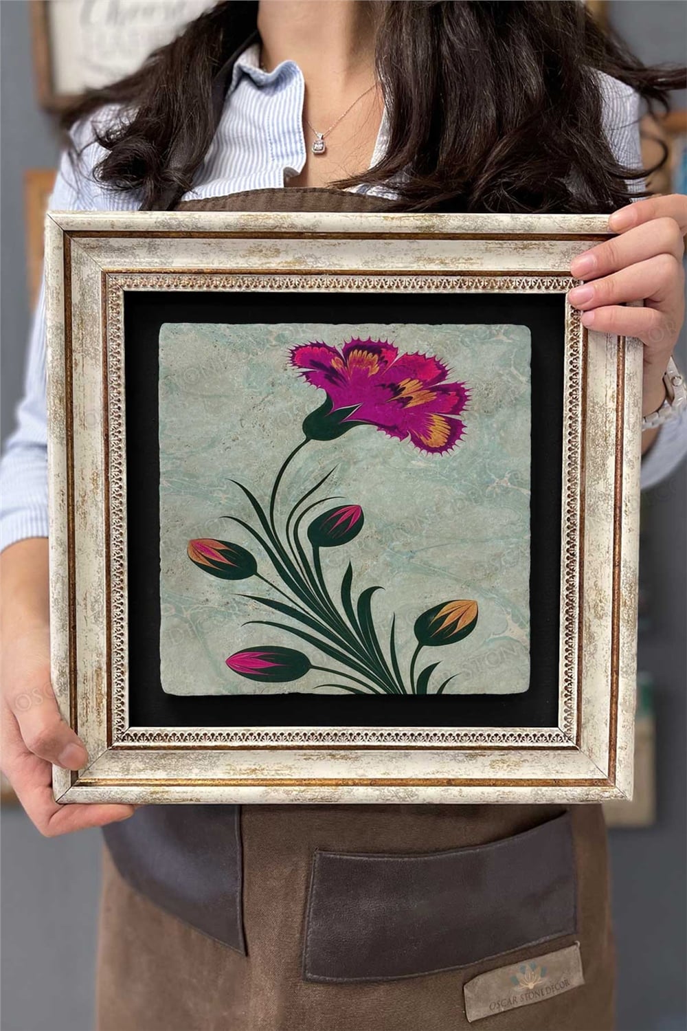 Oscar Stone Decor Çerçeveli Tablo Taş Duvar Dekoru 30 X 30 Cm Ebruli Çiçek Tablosu