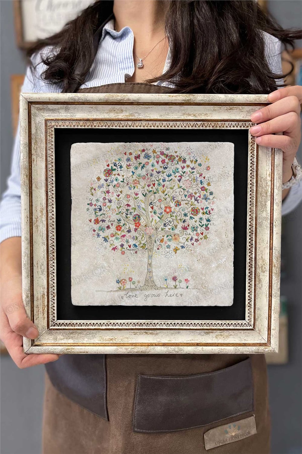 Oscar Stone Decor Çerçeveli Tablo Taş Duvar Dekoru 30 X 30 Cm Kelebek ve Çiçek Ağacı