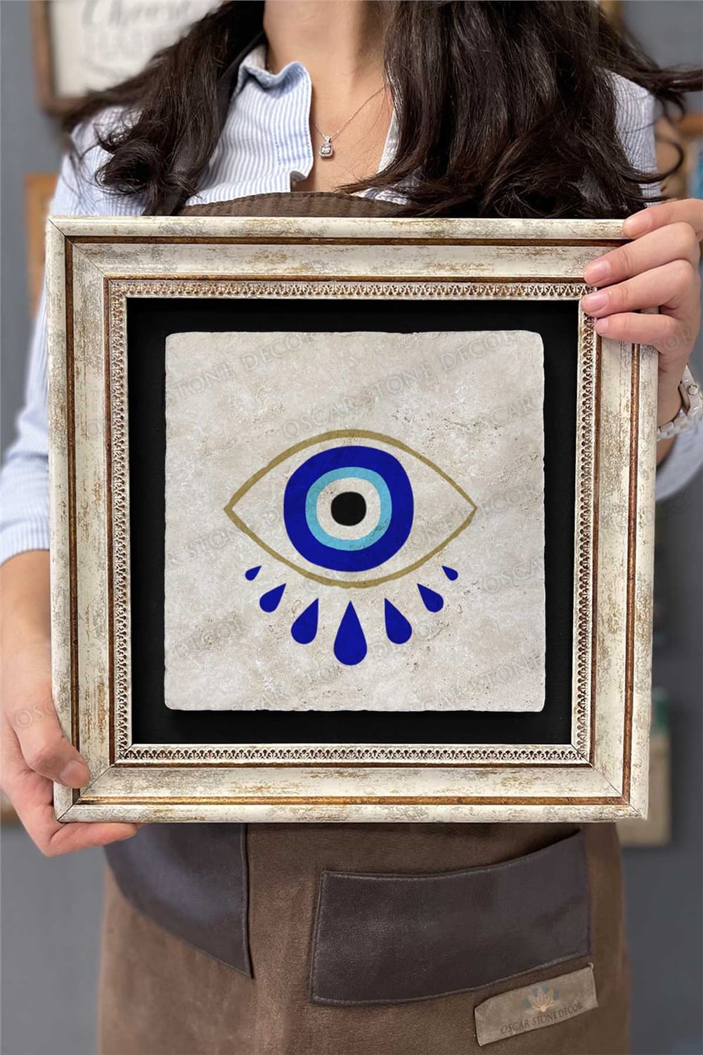 Oscar Stone Decor Çerçeveli Tablo Taş Duvar Dekoru 30 X 30 Cm Nazar Boncuğu Göz Tablosu