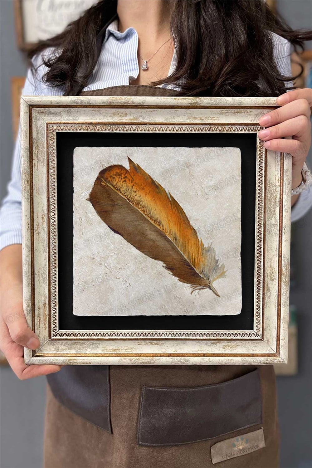 Oscar Stone Decor Çerçeveli Tablo Taş Duvar Dekoru 30 X 30 Cm Kuş Tüyü Tablosu