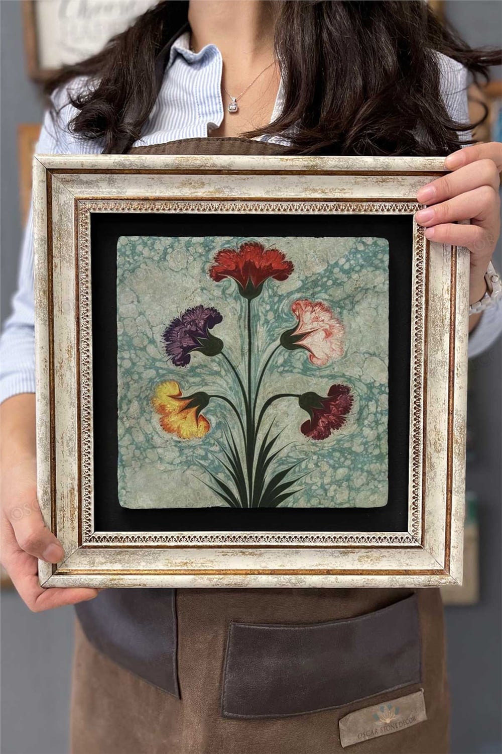 Oscar Stone Decor Çerçeveli Tablo Taş Duvar Dekoru 30 X 30 Cm Ebruli Çiçekler Tablosu
