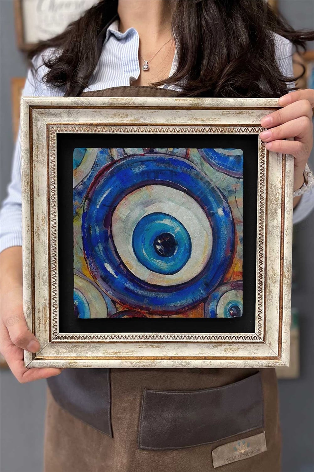Oscar Stone Decor Çerçeveli Tablo Taş Duvar Dekoru 30 X 30 Cm Nazar Boncuğu Tablosu