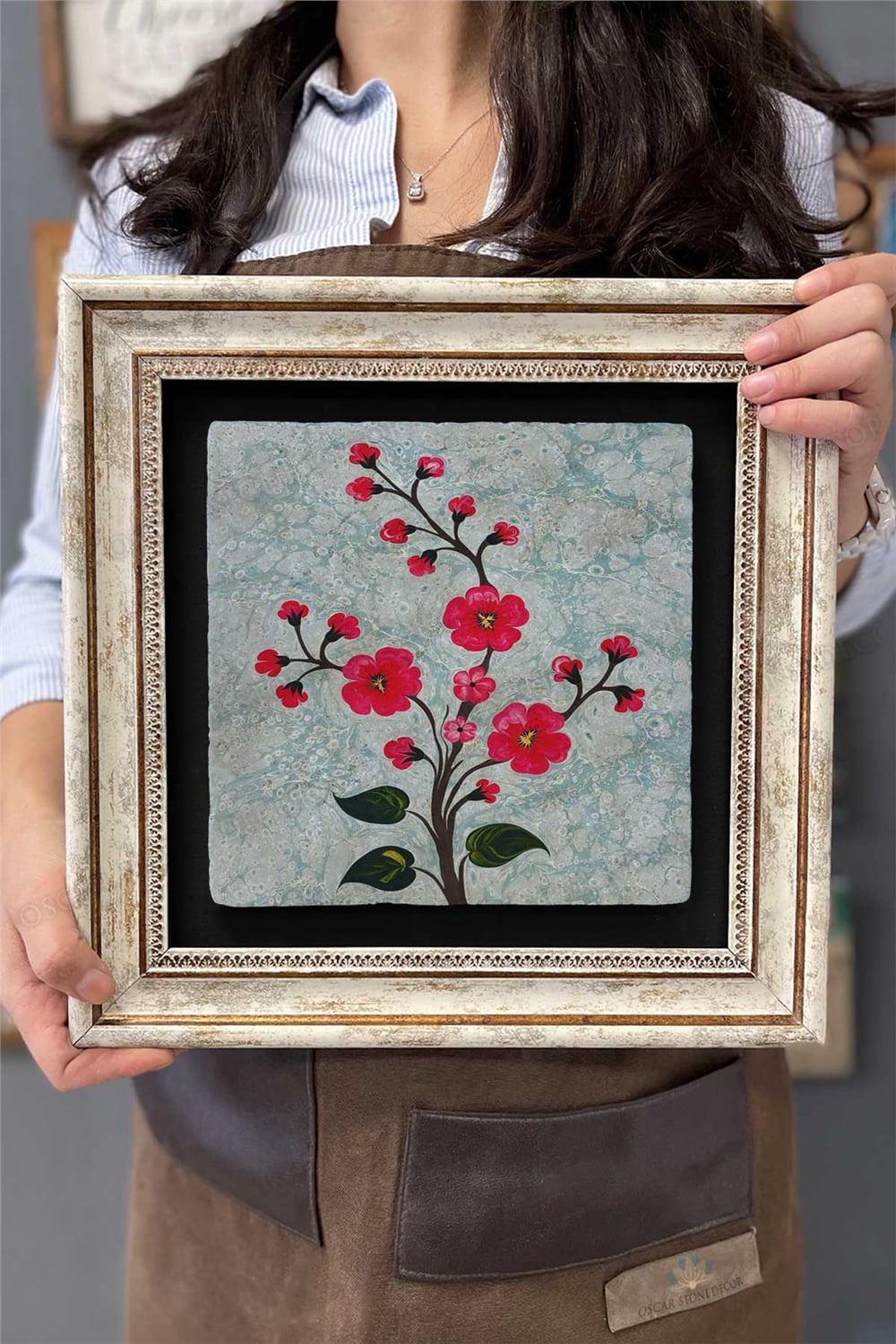 Oscar Stone Decor Çerçeveli Tablo Taş Duvar Dekoru 30 X 30 Cm Ebruli Çiçekler Tablosu