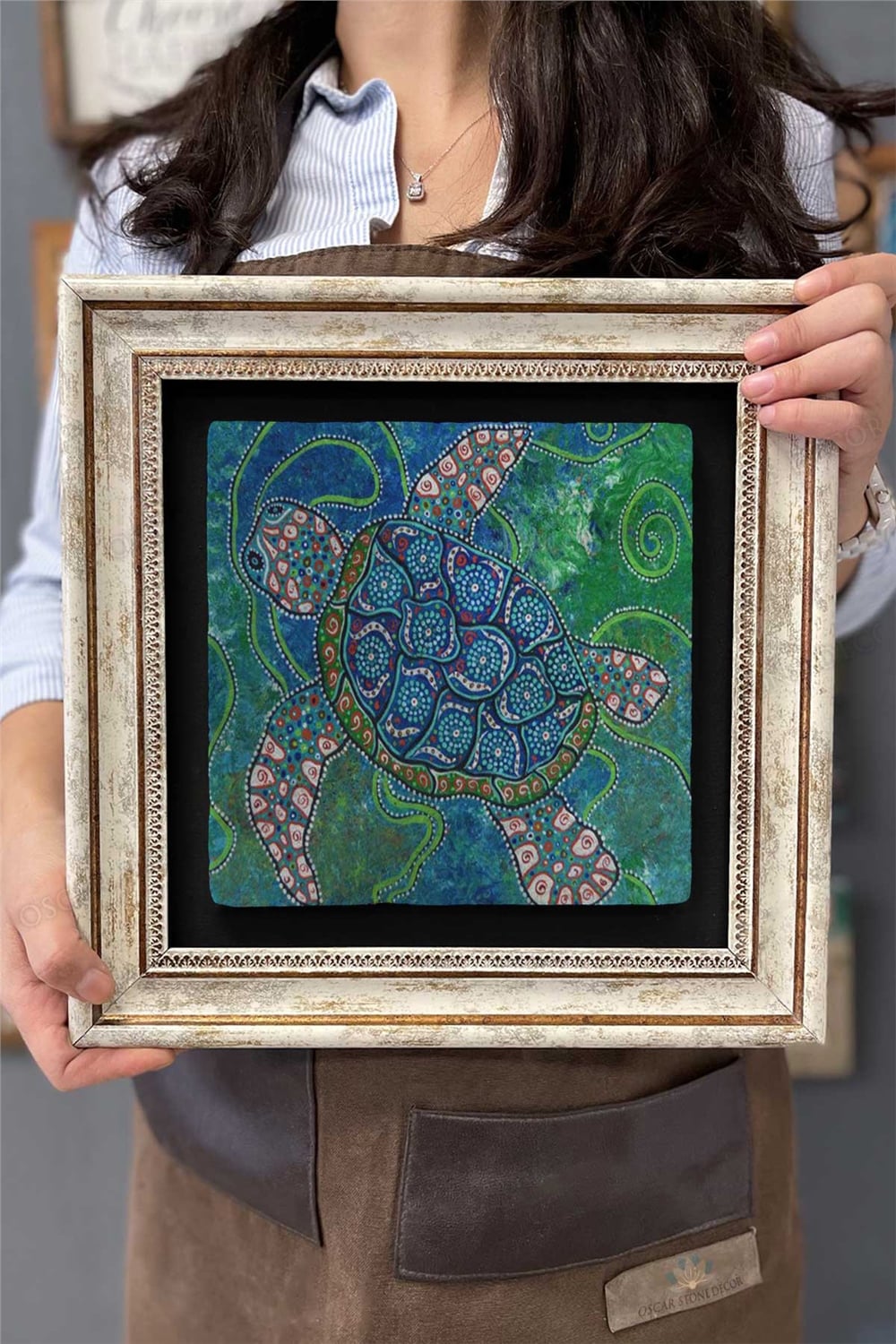 Oscar Stone Decor Çerçeveli Tablo Taş Duvar Dekoru 30 X 30 Cm Su Kaplumbağası Seramik