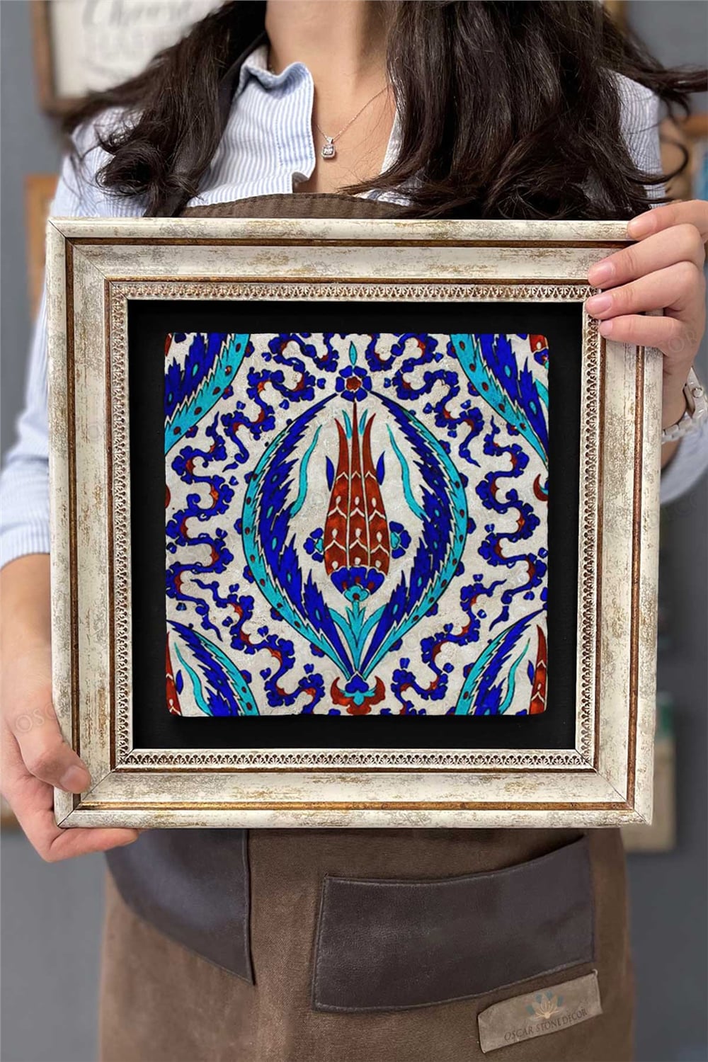 Oscar Stone Decor Çerçeveli Tablo Taş Duvar Dekoru 30 X 30 Cm Seramik Çini Desenli
