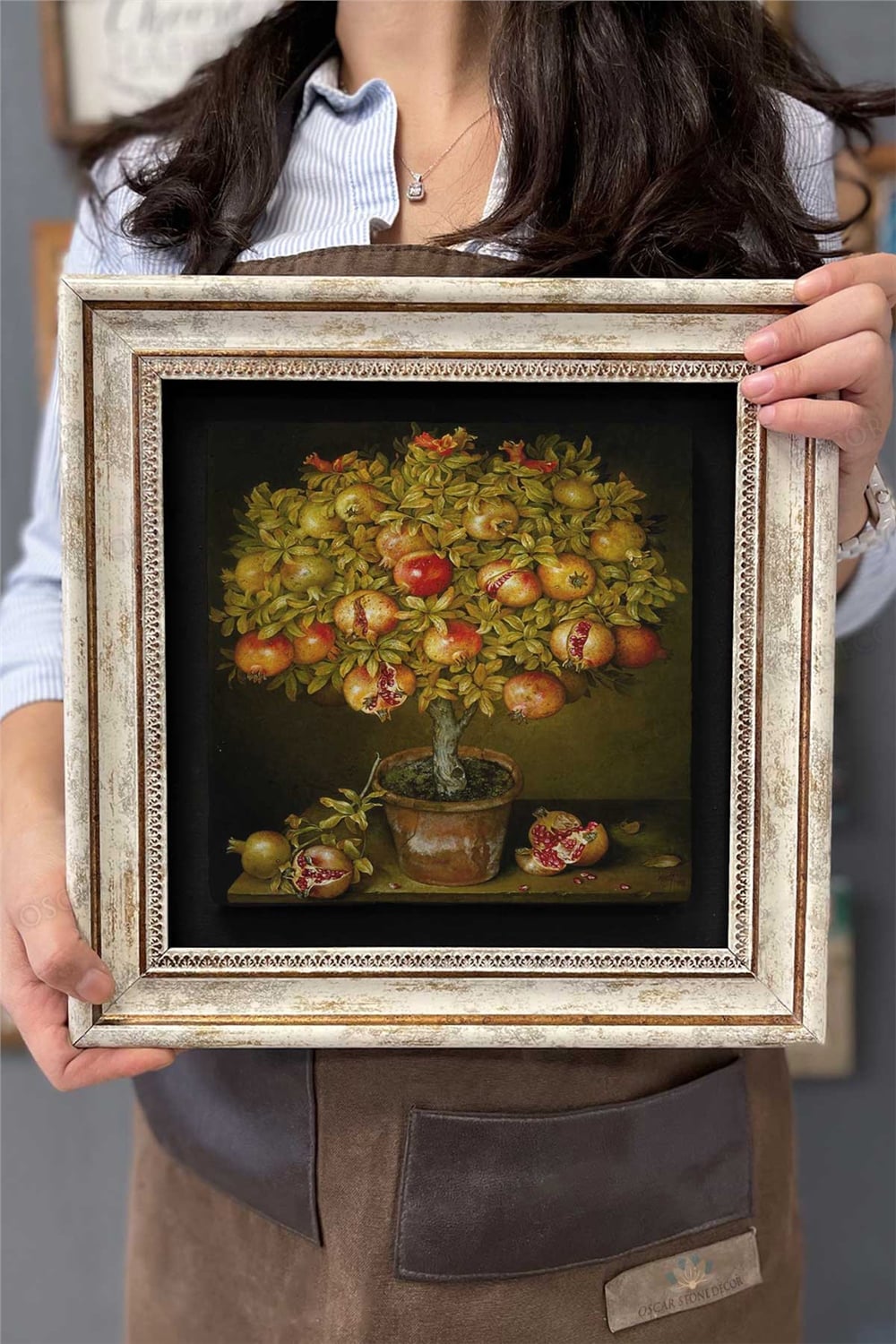 Oscar Stone Decor Çerçeveli Tablo Taş Duvar Dekoru 30 X 30 Cm Saksıda Nar Ağacı