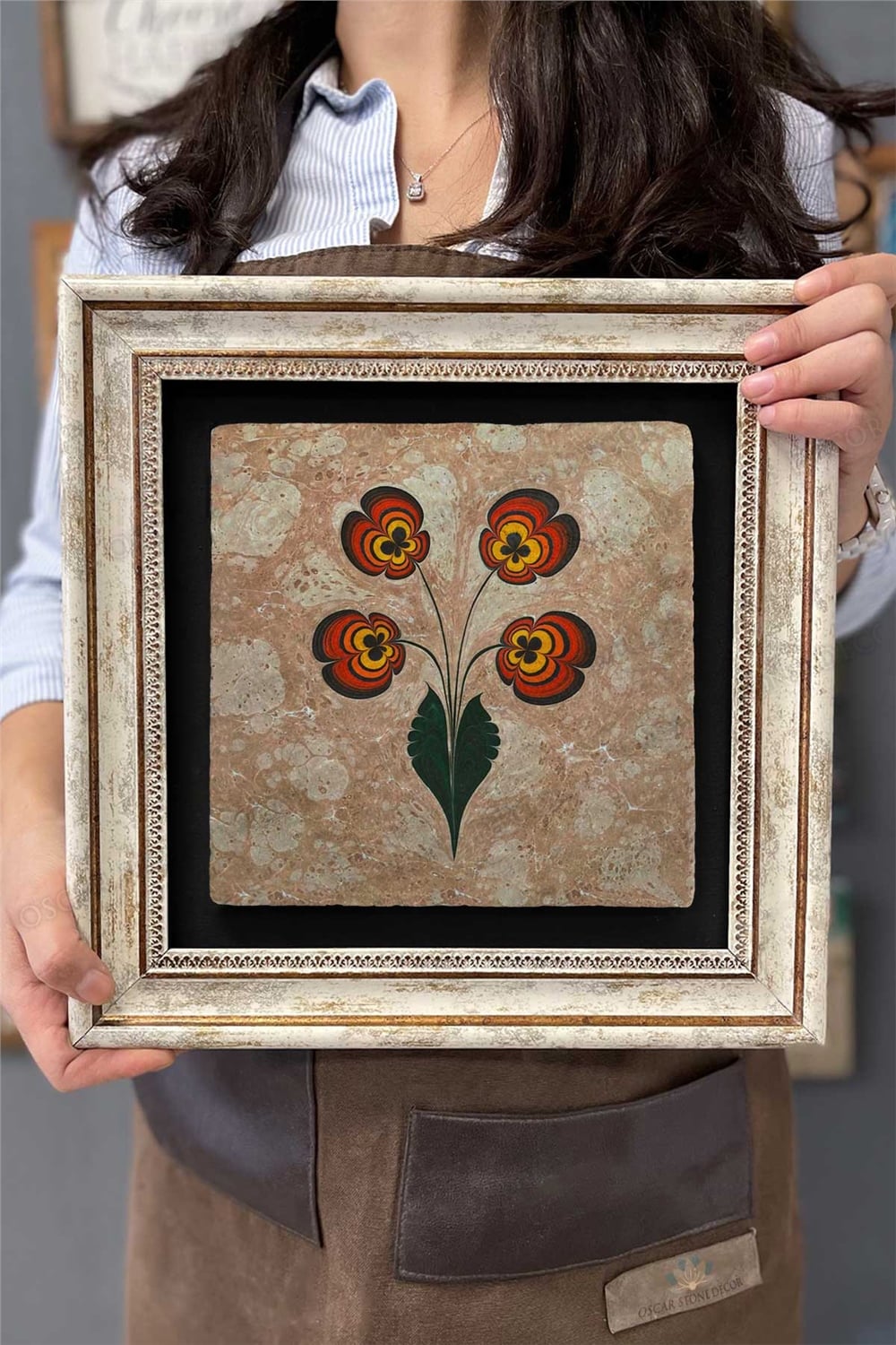Oscar Stone Decor Çerçeveli Tablo Taş Duvar Dekoru 30 X 30 Cm Ebruli Çiçek Tasarım Tablo