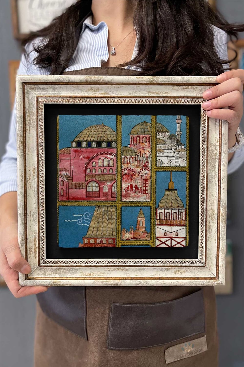 Oscar Stone Decor Çerçeveli Tablo Taş Duvar Dekoru 30 X 30 Cm Eski Cami Çizimi