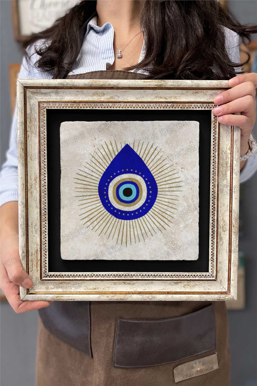 Oscar Stone Decor Çerçeveli Tablo Taş Duvar Dekoru 30 X 30 Cm Nazar Boncuğu Tablosu