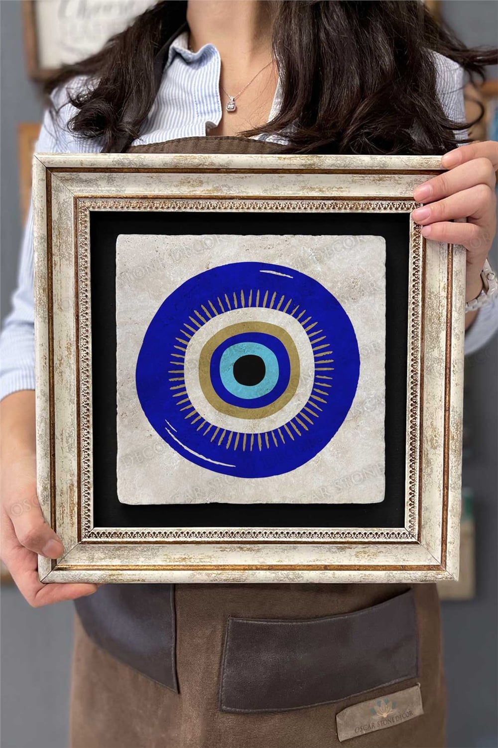 Oscar Stone Decor Çerçeveli Tablo Taş Duvar Dekoru 30 X 30 Cm Nazar Boncuğu Tablosu