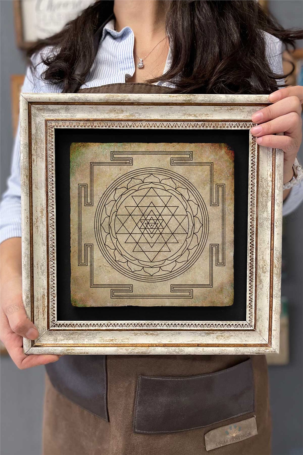 Oscar Stone Decor Çerçeveli Tablo Taş Duvar Dekoru 30 X 30 Cm Lotus Yaşam Çiçeği Sri Yantra