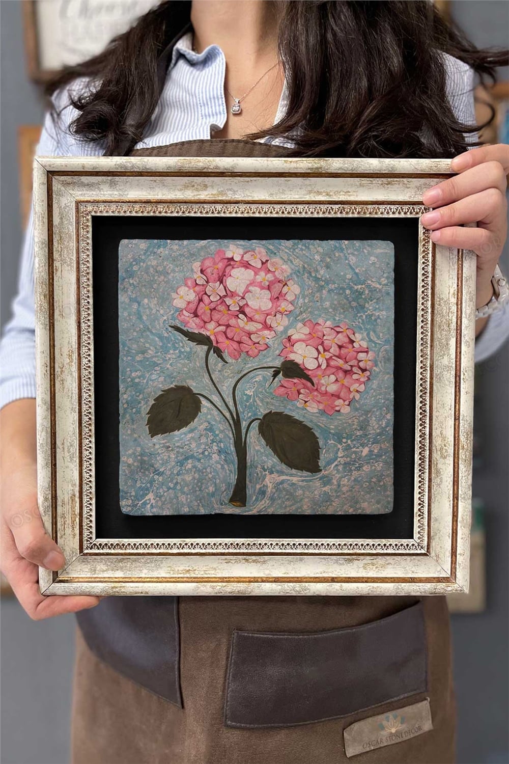 Oscar Stone Decor Çerçeveli Tablo Taş Duvar Dekoru 30 X 30 Cm Ebruli Çiçekler Tablosu