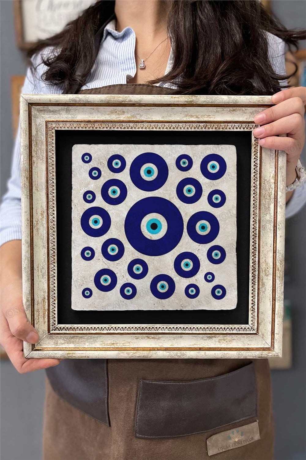 Oscar Stone Decor Çerçeveli Tablo Taş Duvar Dekoru 30 X 30 Cm Nazar Boncukları Tablosu