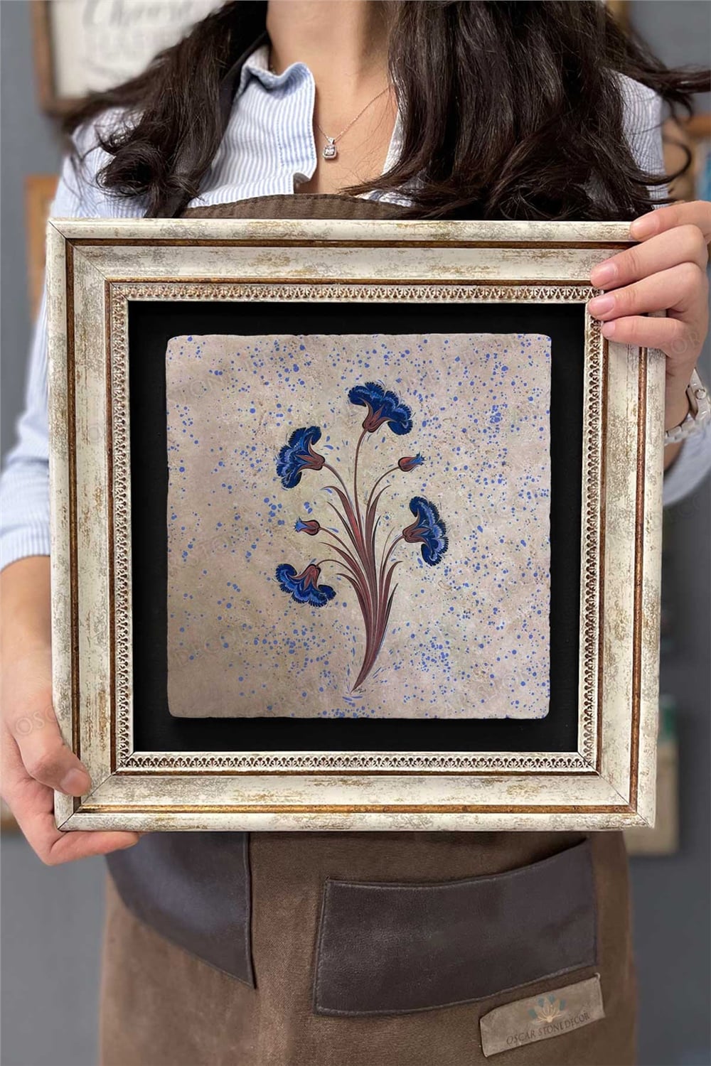 Oscar Stone Decor Çerçeveli Tablo Taş Duvar Dekoru 30 X 30 Cm Ebruli Çiçek Tasarım Tablo