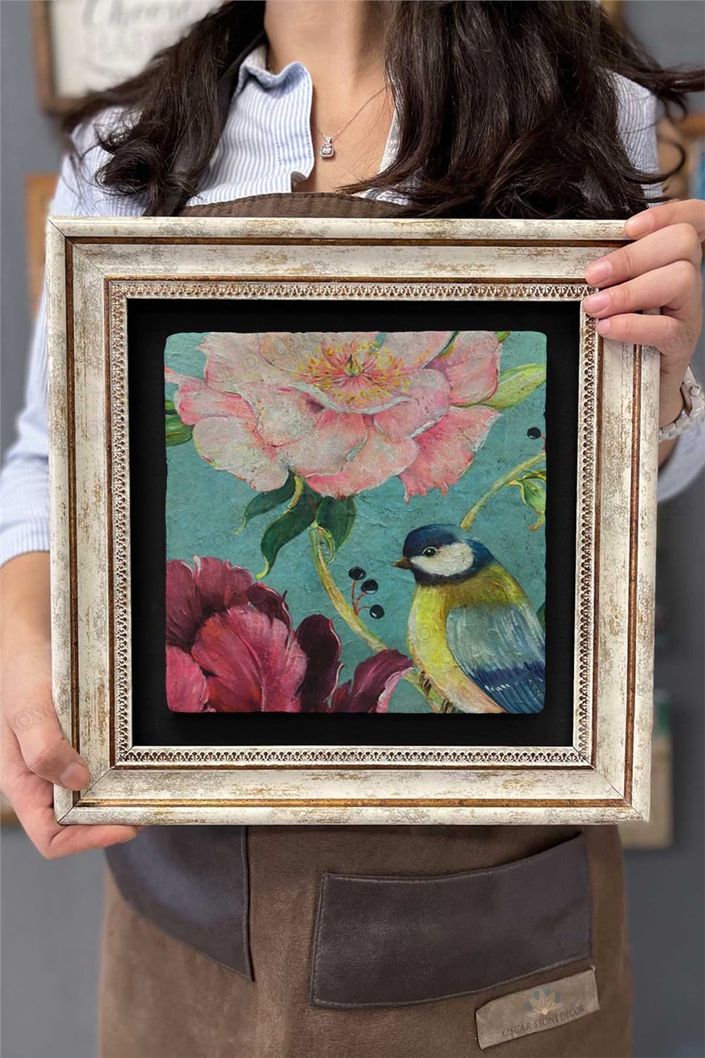 Oscar Stone Decor Çerçeveli Tablo Taş Duvar Dekoru 30 X 30 Cm Kuş Tablosu