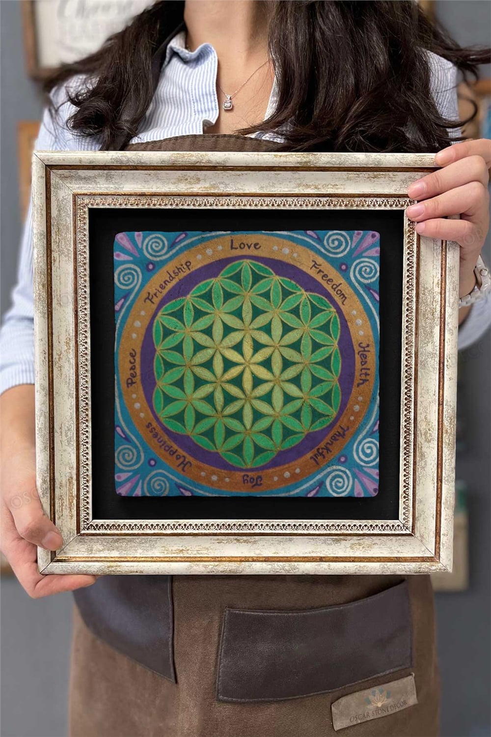 Oscar Stone Decor Çerçeveli Tablo Taş Duvar Dekoru 30 X 30 Cm Lotus Yaşam Çiçeği Sri Yantra