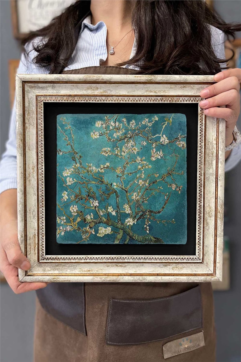Oscar Stone Decor Çerçeveli Tablo Taş Duvar Dekoru 30 X 30 Cm Van Gogh Badem Çiçekleri