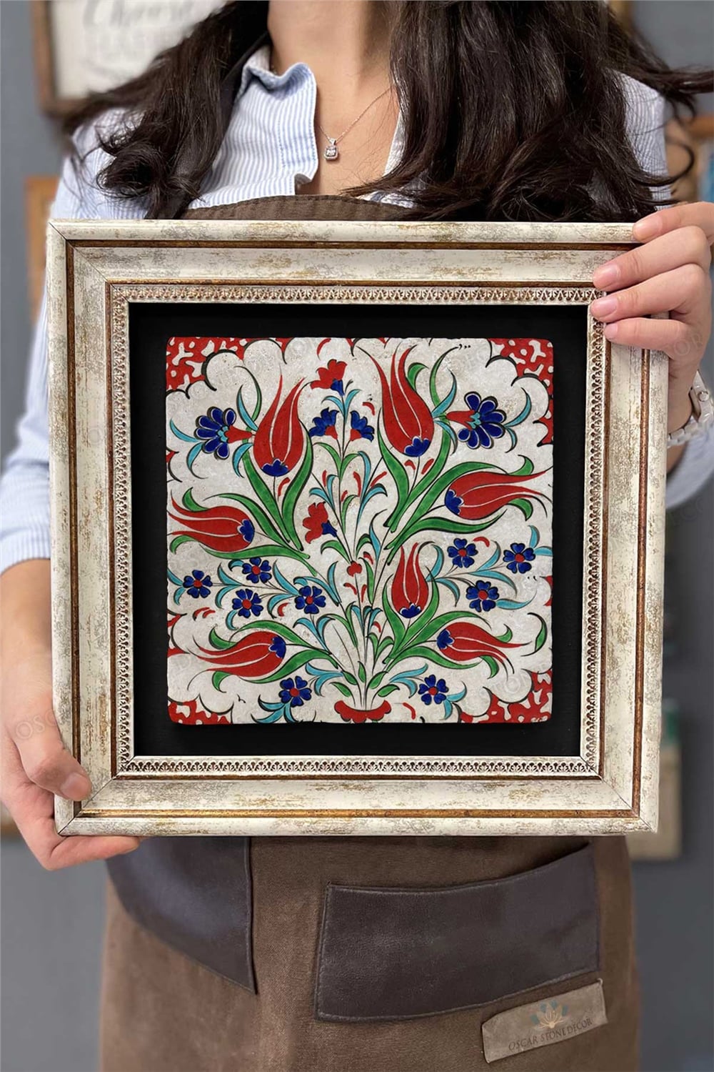 Oscar Stone Decor Çerçeveli Tablo Taş Duvar Dekoru 30 X 30 Cm Seramik Çini Tasarımlı