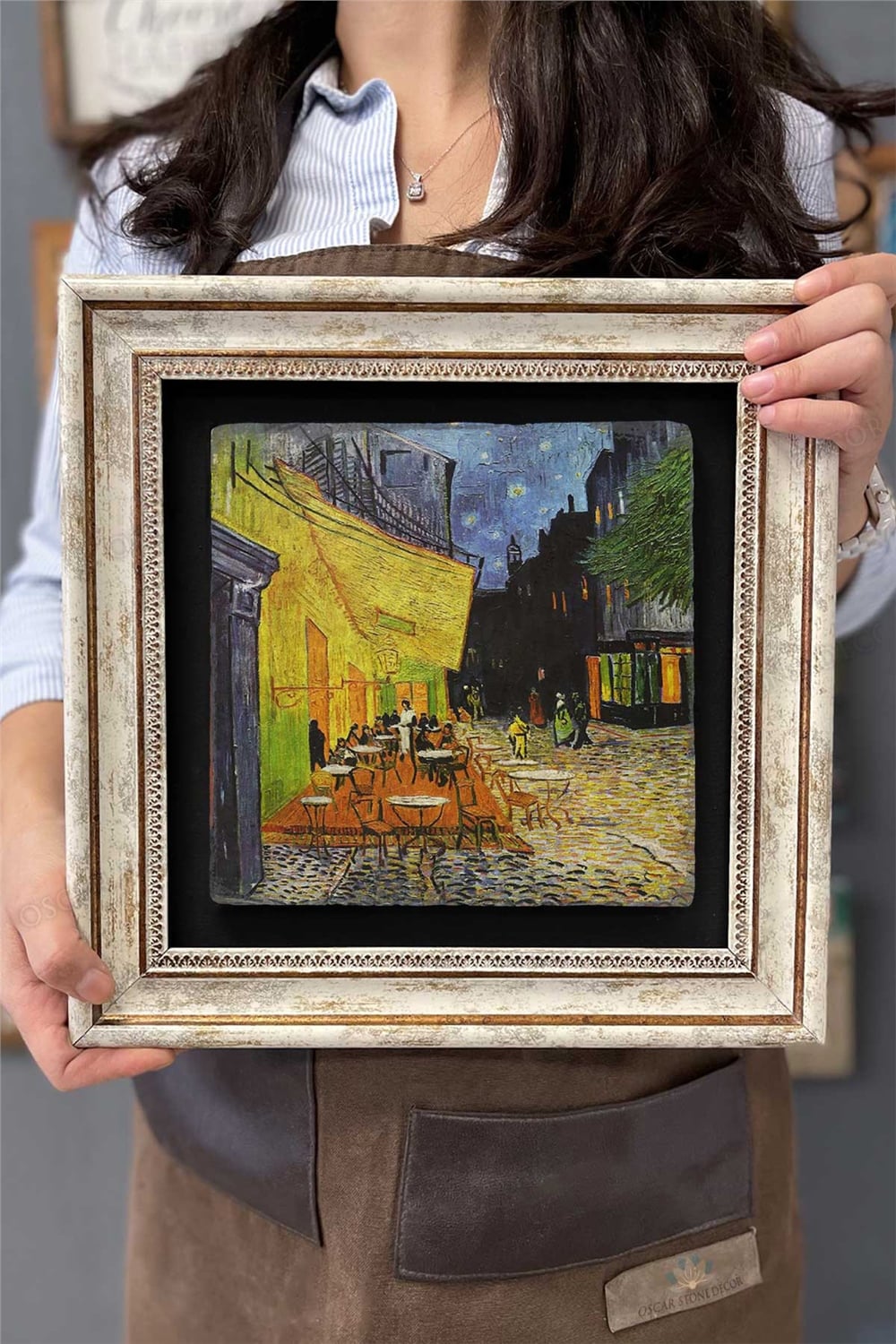 Oscar Stone Decor Çerçeveli Tablo Taş Duvar Dekoru 30 X 30 Cm Van Gogh Cafe Tablosu