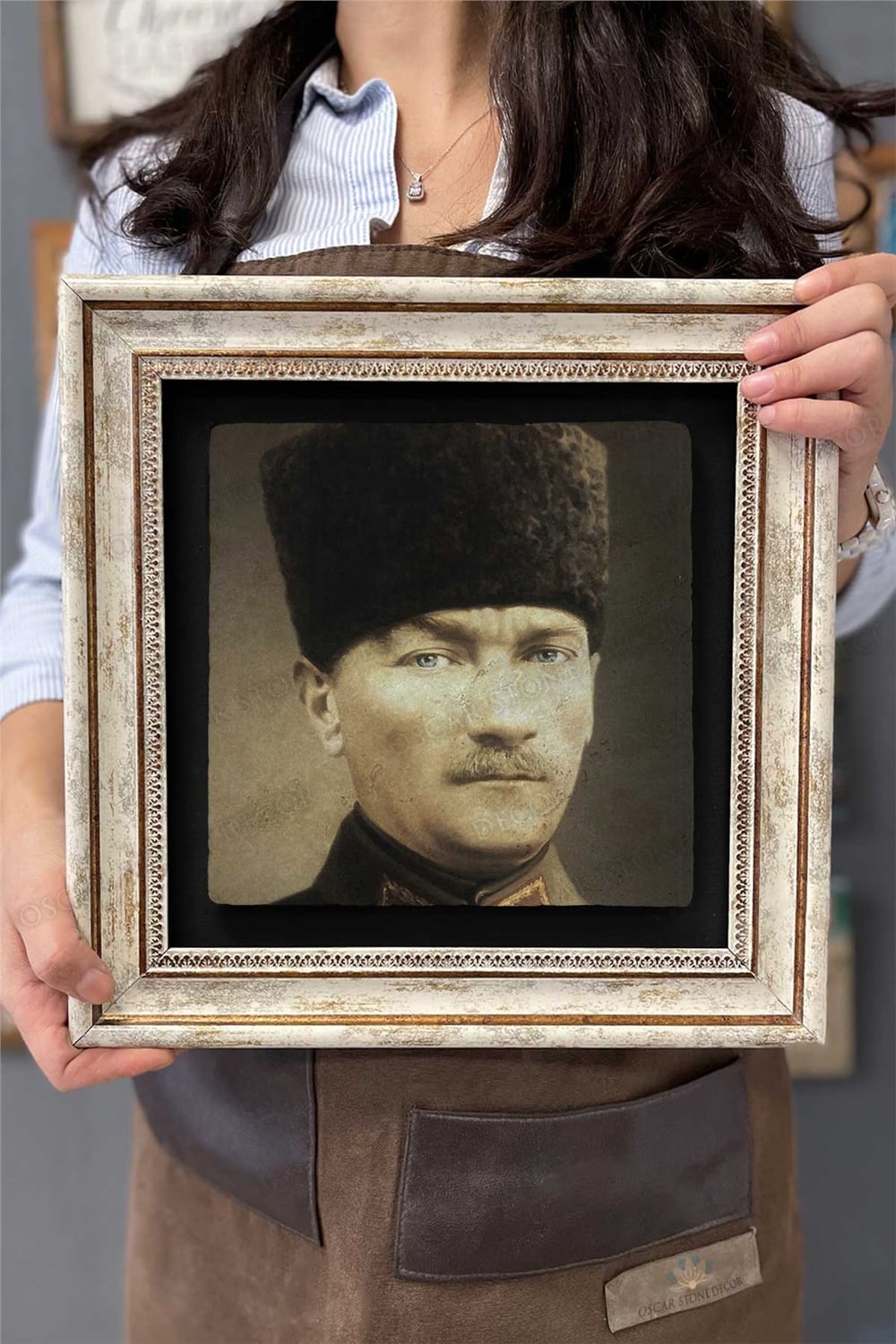 Oscar Stone Decor Çerçeveli Tablo Taş Duvar Dekoru 30 X 30 Cm Kalpaklı Atatürk