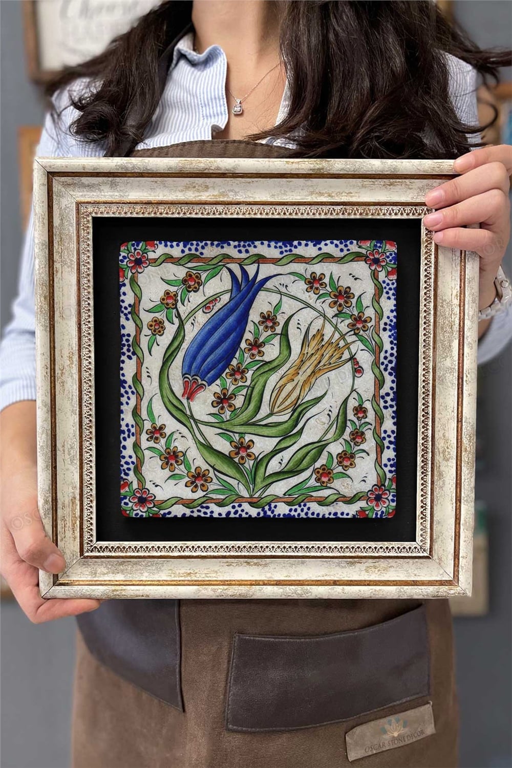 Oscar Stone Decor Çerçeveli Tablo Taş Duvar Dekoru 30 X 30 Cm Seramik Çiçek Tablosu