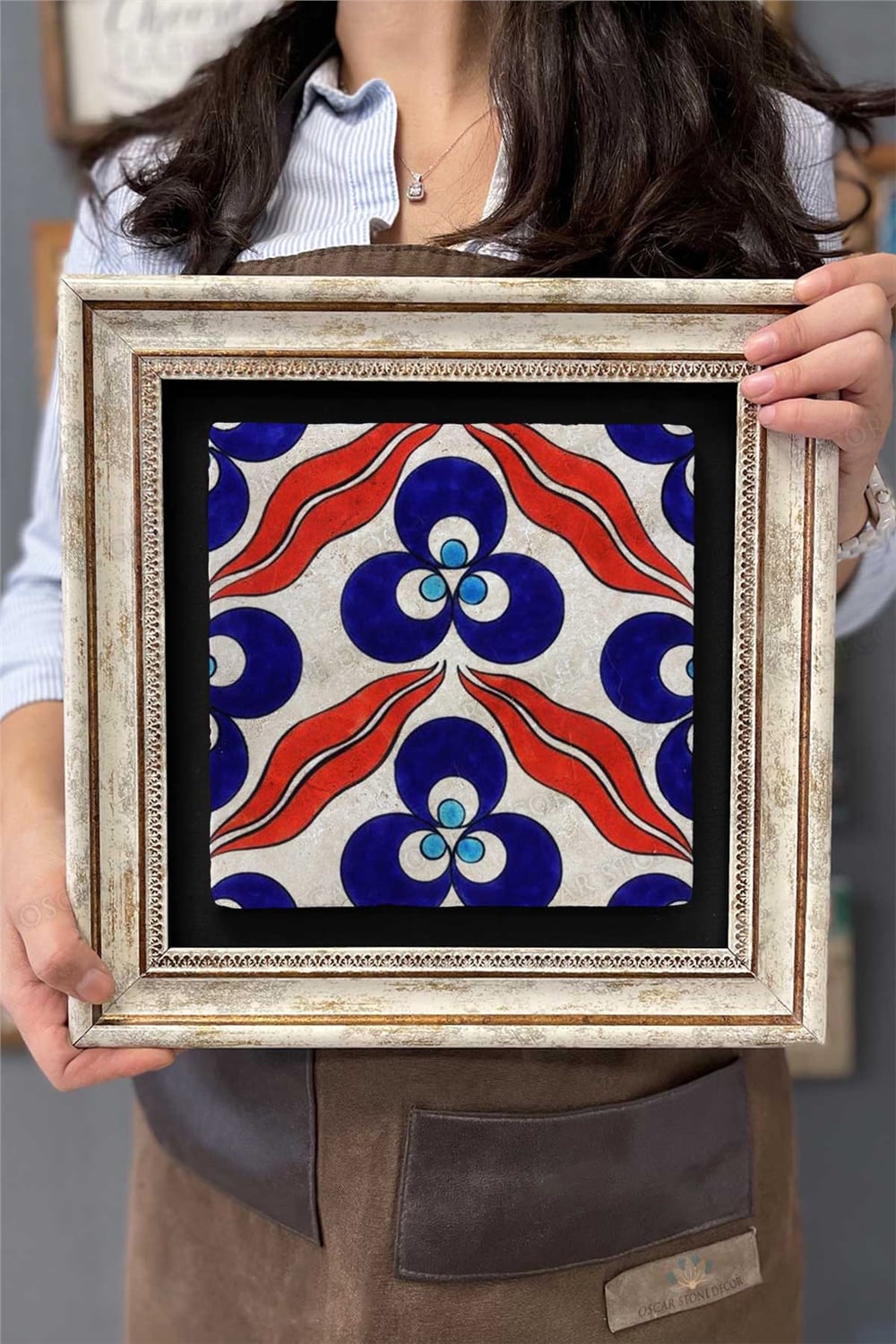 Oscar Stone Decor Çerçeveli Tablo Taş Duvar Dekoru 30 X 30 Cm Çini Seramik Desenli Mermer Tablo