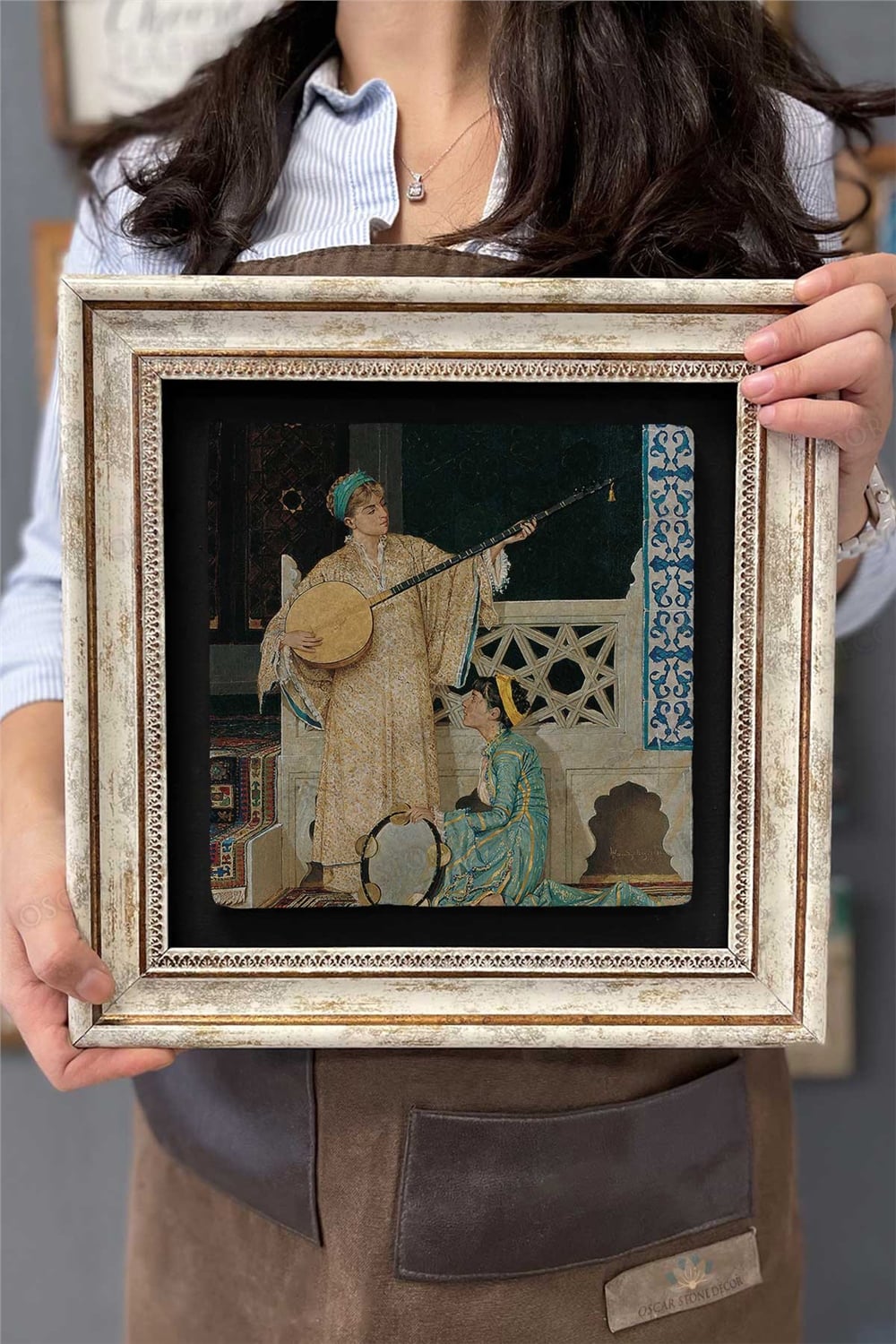 Oscar Stone Decor Çerçeveli Tablo Taş Duvar Dekoru 30 X 30 Cm Osman Hamdi Çalgıcı Kızlar