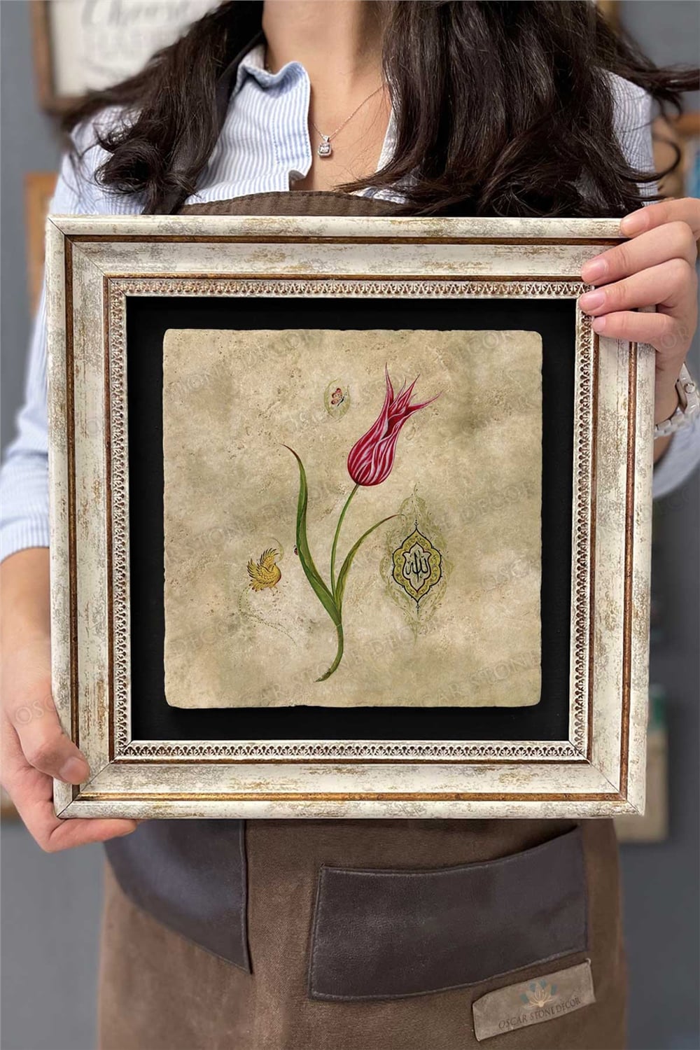 Oscar Stone Decor Çerçeveli Tablo Taş Duvar Dekoru 30 X 30 Cm Ebruli Çiçek Tasarım Tablo