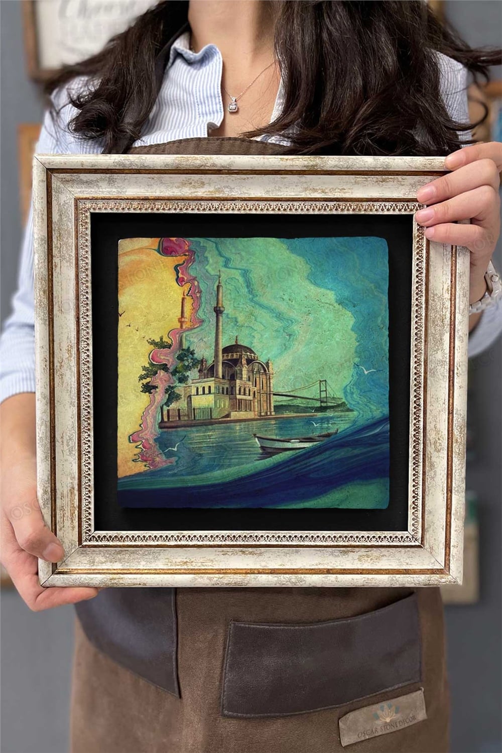 Oscar Stone Decor Çerçeveli Tablo Taş Duvar Dekoru 30 X 30 Cm Ortaköy Cami Çizimi